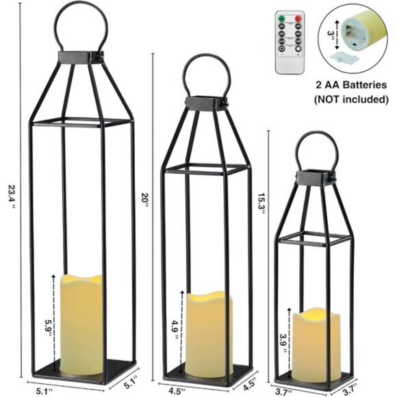 New Set of 3 Black Metal Lanterns Flameless Candle & Remote Timer for Home Decor - Picture 3 of 9